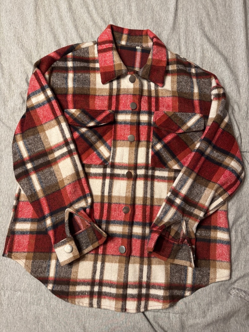 Source Unknown Red, Brown, Cream Plaid Wool Shacket